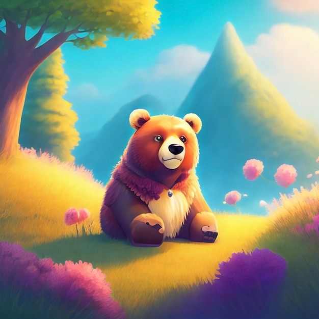 cute bear illustration with forest background