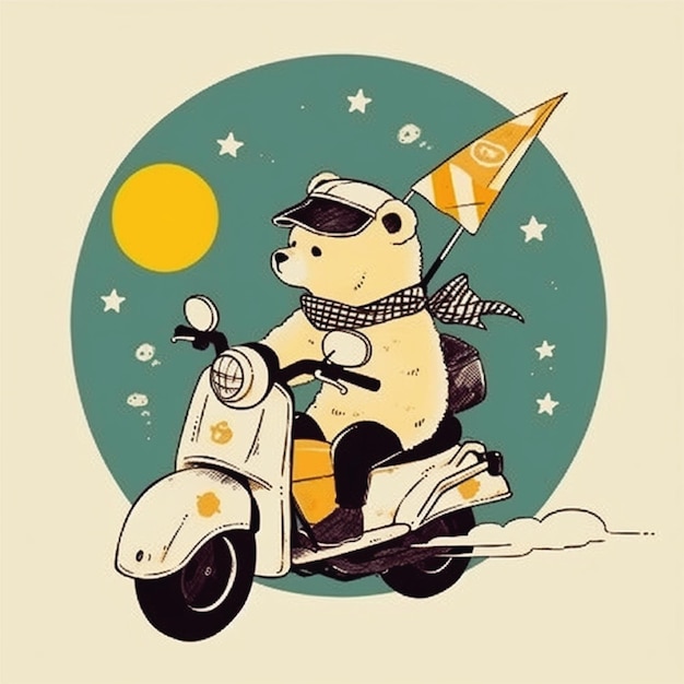 cute bear riding motorcycle catoon character illustration