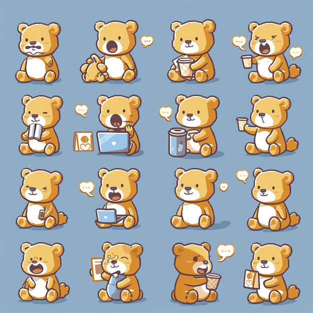 Photo cute bear sticker pack various expressions and poses