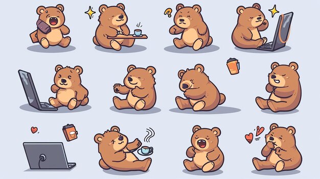 Photo cute bear sticker pack various expressions and poses