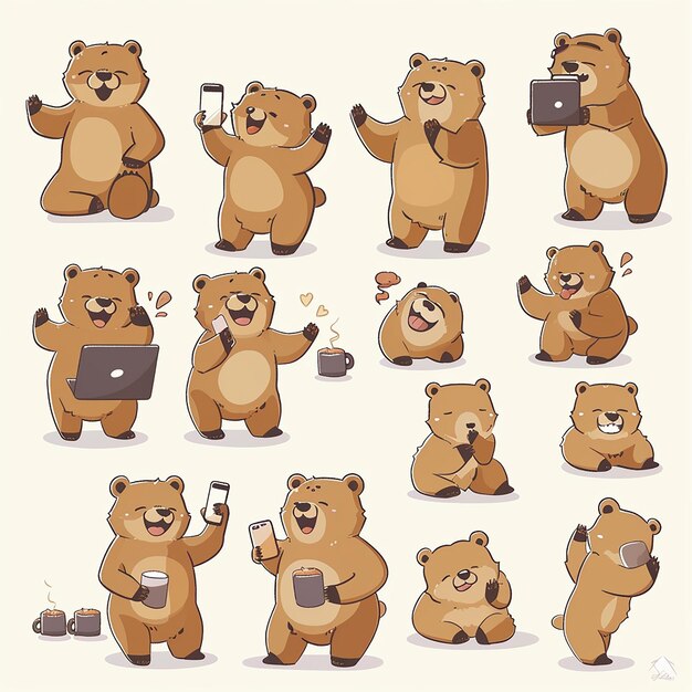 Photo cute bear sticker pack various expressions and poses