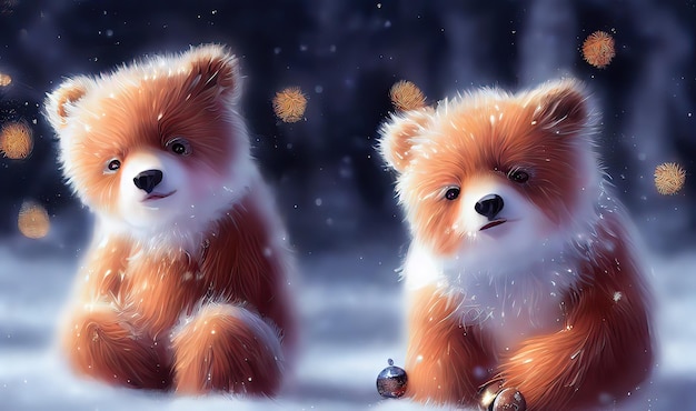 Cute bear in winter forest Adorable little bear in Christmas style Christmas holidays background digital art style illustration painting