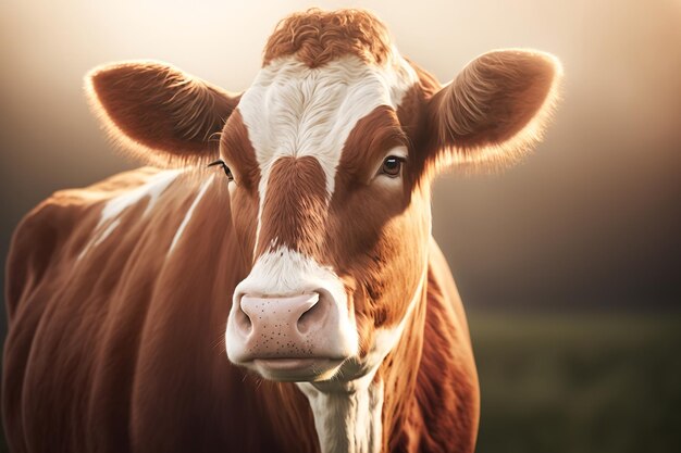 Cute beautiful brown cow outdoors on sunny day Generative ai