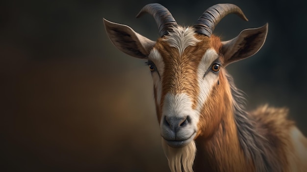 Cute beautiful brown goat with horns Animal portrait of farm cattle copy space Generative ai