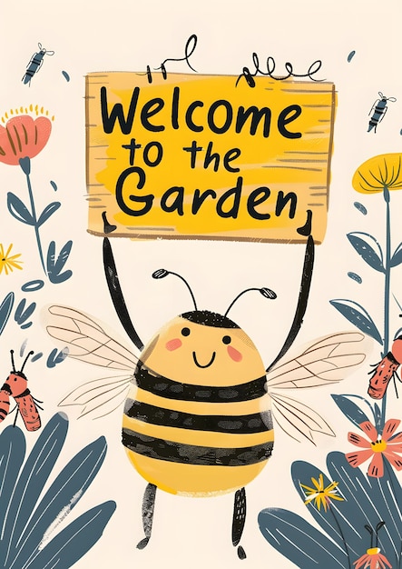 Photo cute bee welcome to the garden sign with floral background