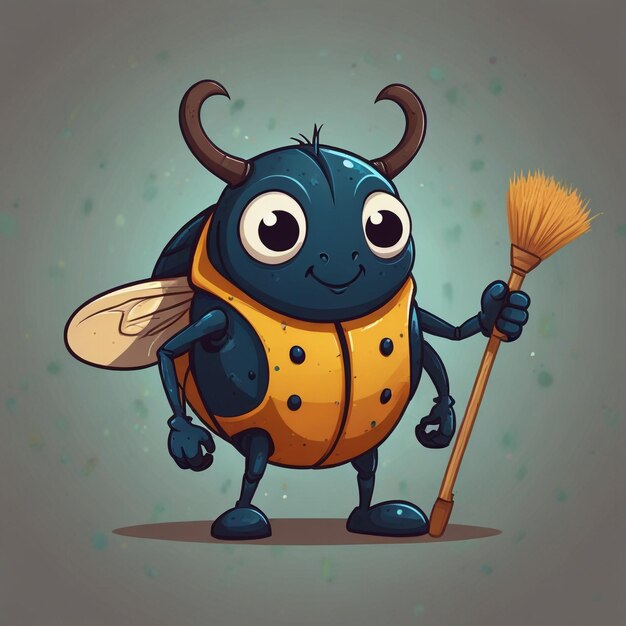 Photo cute beetle mascot cleaning flat color cartoon