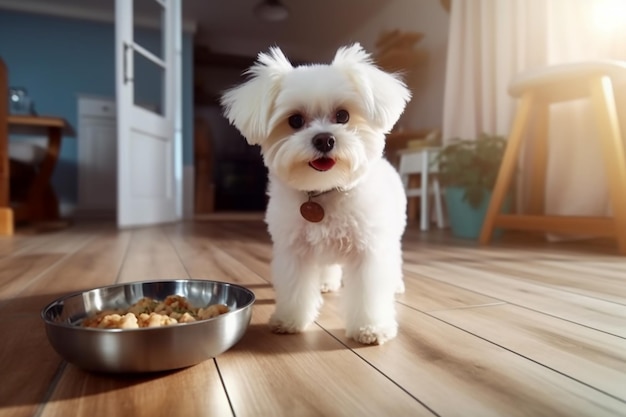 Cute Bichon Frise Dog standing next to the food bowl at home kitchen