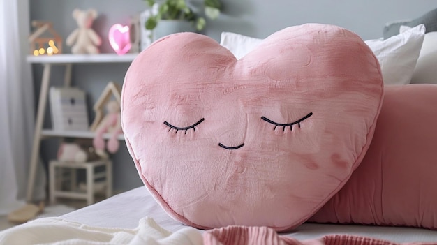 Photo cute big soft pink heart shaped pillow lying on the sofa