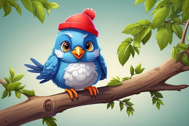 Photo cute bird cartoon wearing hat on tree branch