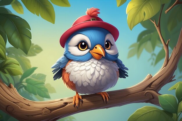 Photo cute bird cartoon wearing hat on tree branch