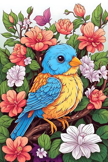 cute bird in flower coloring book