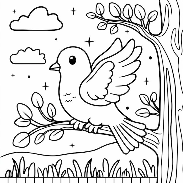 Photo cute bird sitting on branch of a tree coloring page for kids