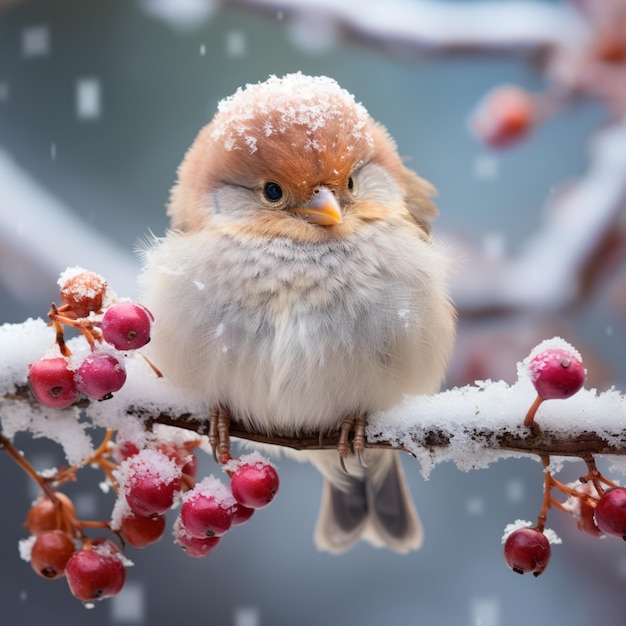 Photo cute bird sitting on snowy tree branch in beautiful images