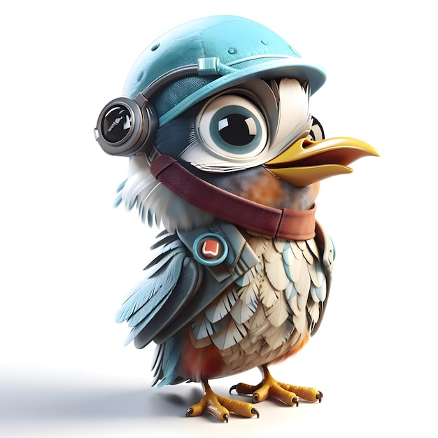 Cute bird wearing a helmet and headphones 3D Illustration