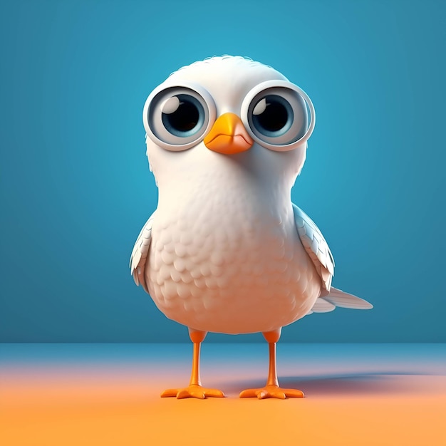 Cute bird with big eyes on a blue background 3d illustration