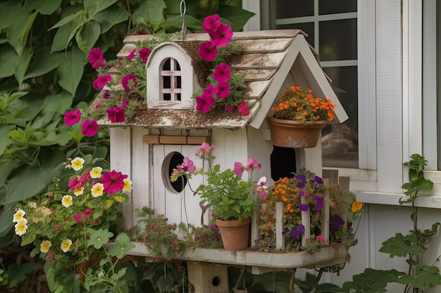 Cute birdhouse with hanging flower basket and feeder outside window created with generative ai