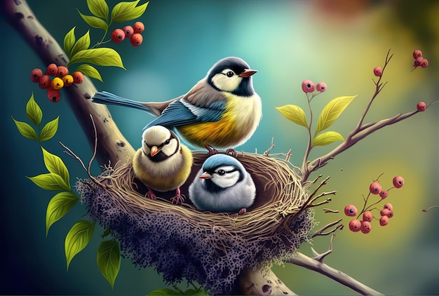 Cute Birds on Branches and Chicks in the Best Nest