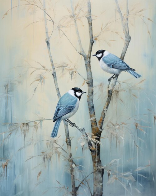 Cute birds sitting on bamboo tree cloudy painting illustration AI Generated Image