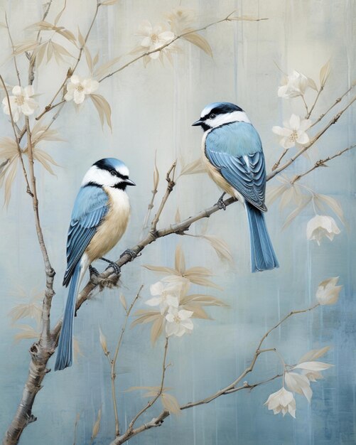 Cute birds sitting on bamboo tree cloudy painting illustration AI Generated Image