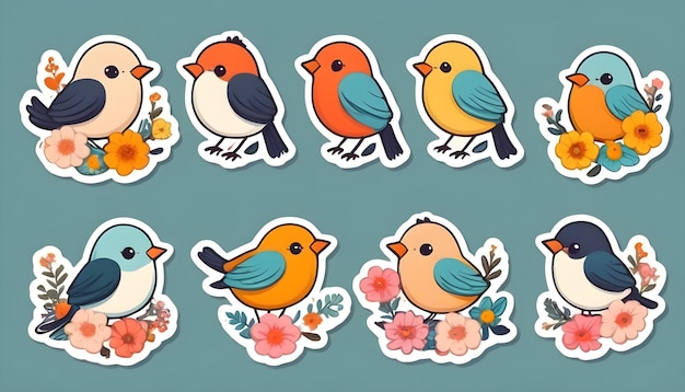 Cute birds with flowers in sticker style