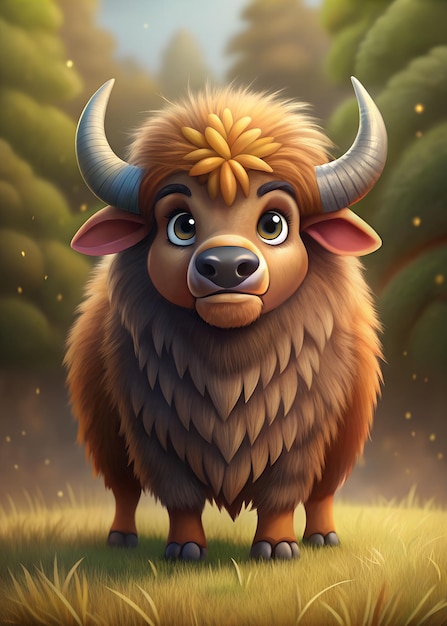 Cute bison cartoon character illustration