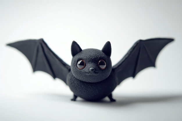 Cute black bat figurine with oversized eyes perched on a minimalistic white background