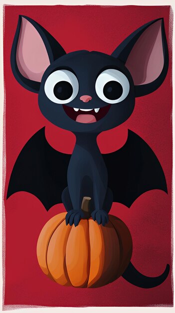 Photo cute black bat sitting on a pumpkin