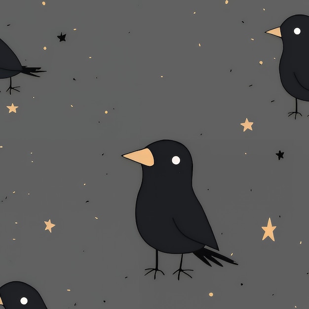 Cute Black Birds Seamless Pattern with Gold Stars on Grey Background