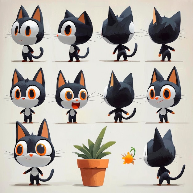 Photo cute black cat character poses and expressions