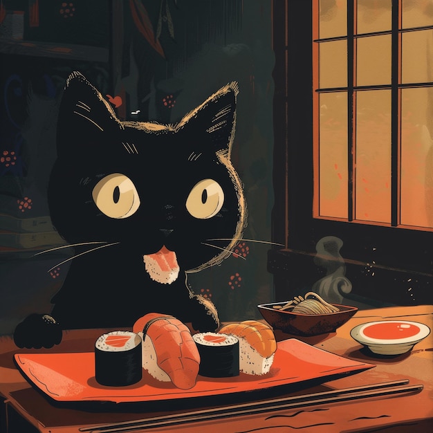 Cute black cat eating sushi and maki roll Asian style illustration Design poster for menu restaurant