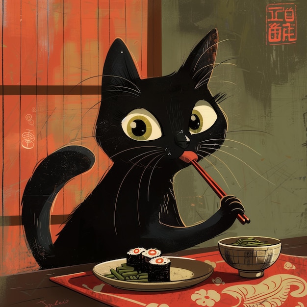 Cute black cat eating sushi and maki roll Asian style illustration Design poster for menu restaurant