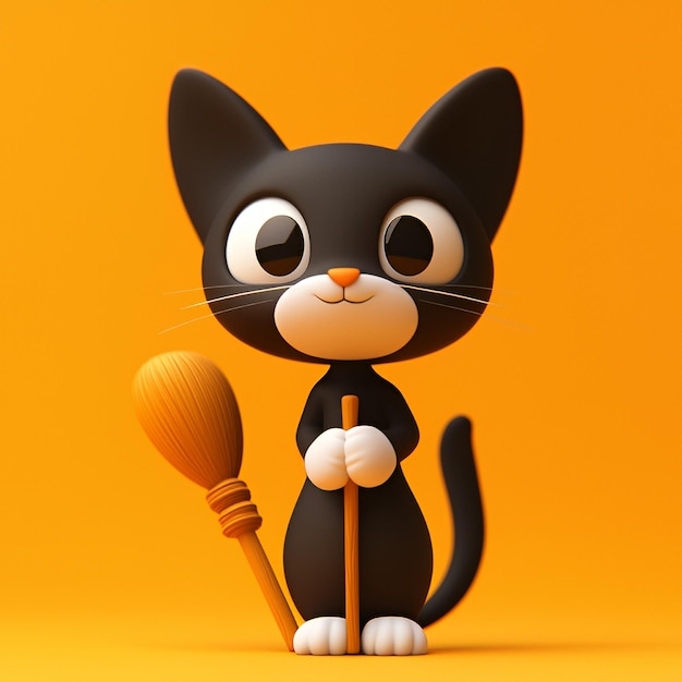 Photo cute black cat holding a broom