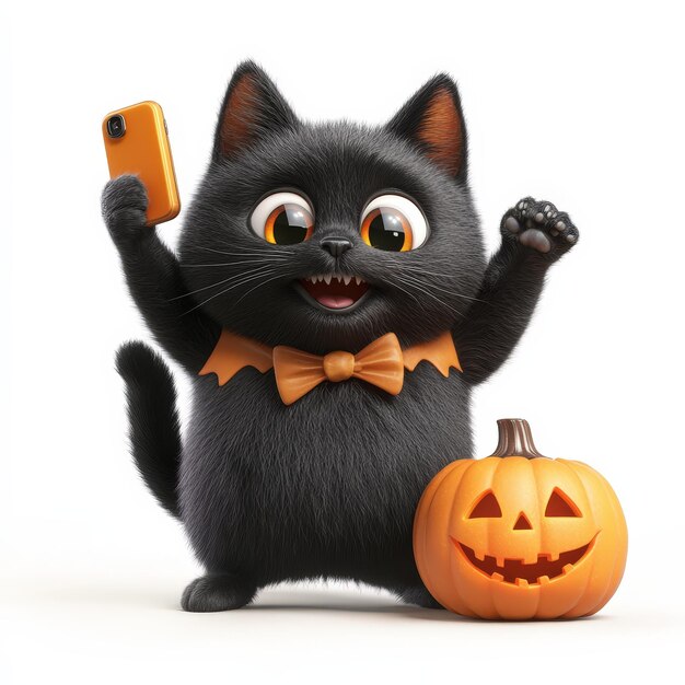 Cute Black Cat Holding a Phone and a Pumpkin for Halloween