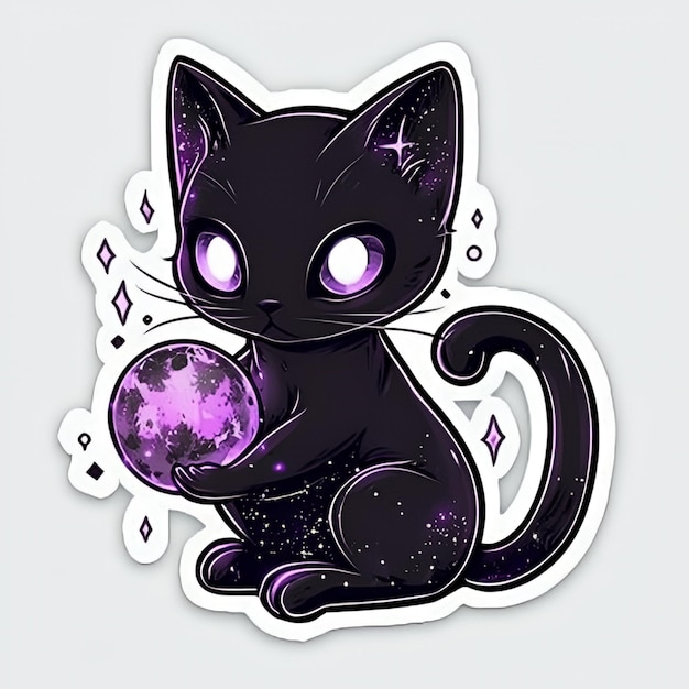 Cute Black Cat Holding Purple Moon