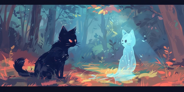 A cute black cat is drawn for a mystical and magical idea Ai generation