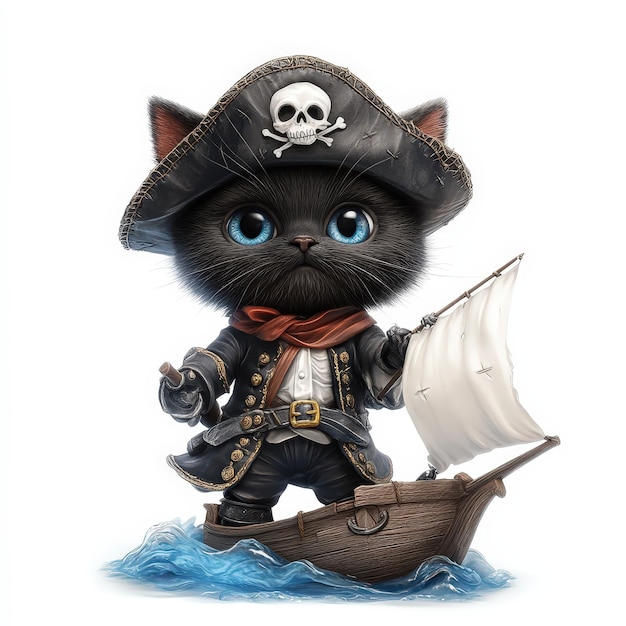 Photo cute black cat pirate captain on a ship