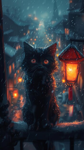 Cute black cat sitting in front of a red lantern at night in the snow