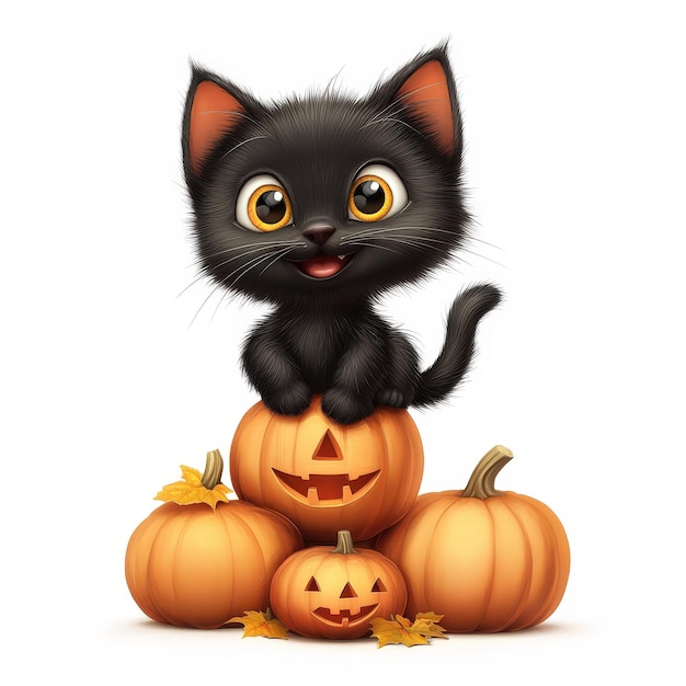 Cute Black Cat Sitting on Pumpkins for Halloween