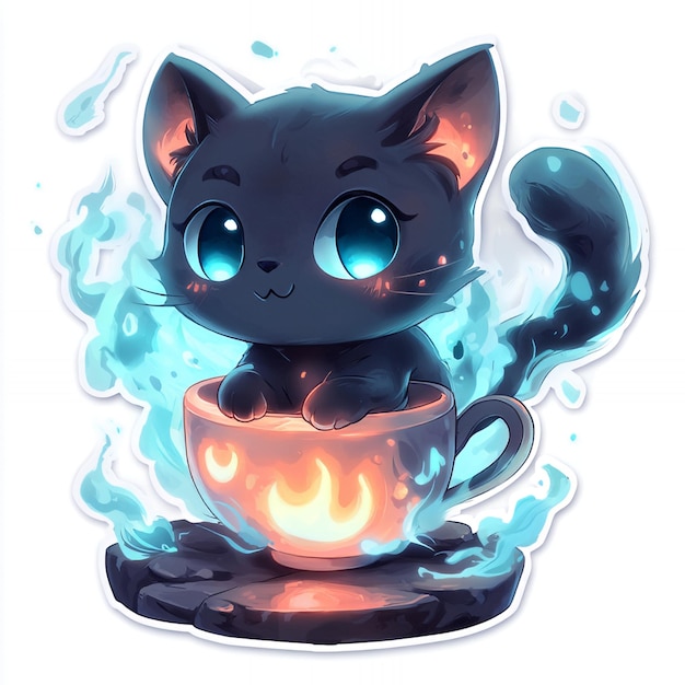 Photo cute black cat sitting in a teacup with flames