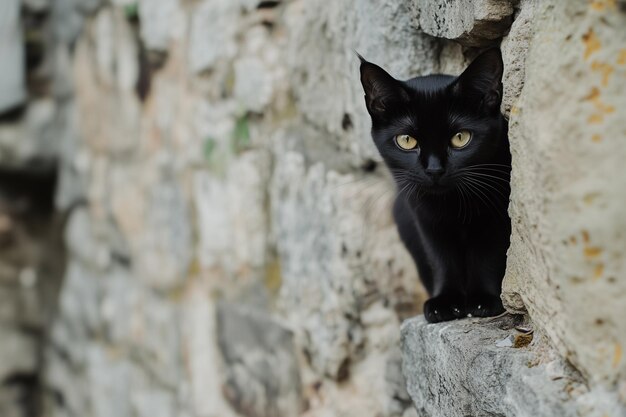 Photo cute black cat on the stone wall