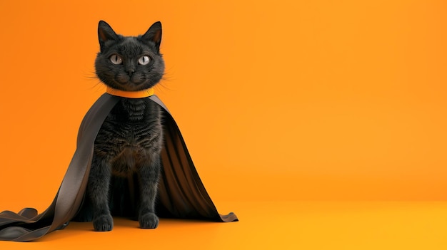 A cute black cat wearing a black cape sits on an orange background The cat is looking at the camera with a curious expression