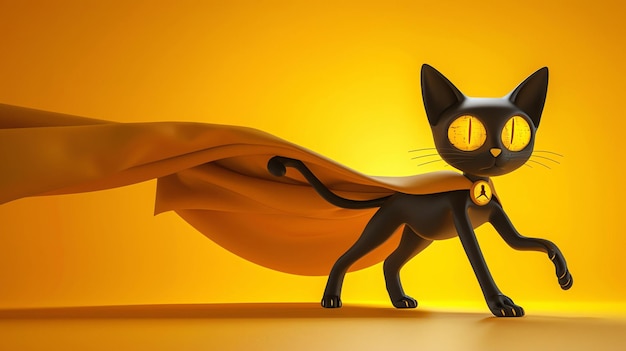 A cute black cat wearing a yellow cape The cat is standing on a yellow background and looking to the side