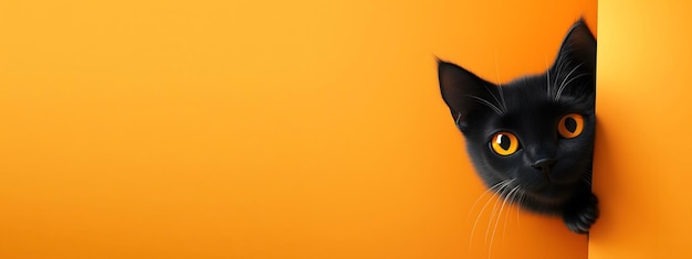 Photo cute black cat in witch hat peeking through a orange wall design banner with blank copy space