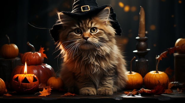 Cute black cat in a witch hat sitting generative ai