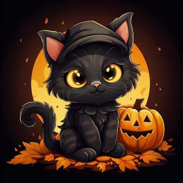 Cute black cat in a witch hat sitting on a Halloween pumpkin