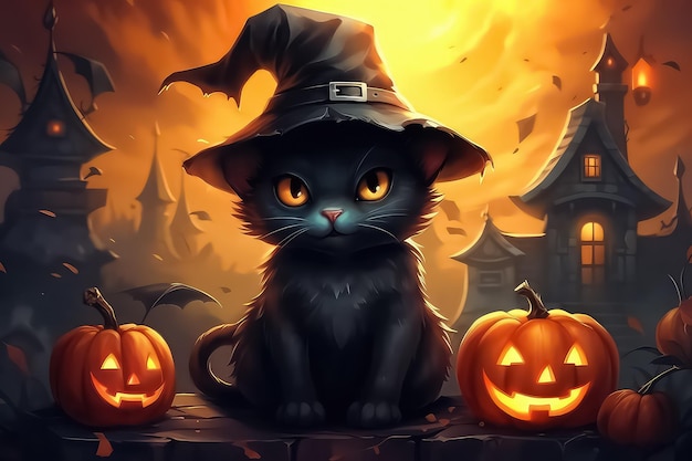 A cute black cat in a witch's hat sits near a Halloween pumpkin