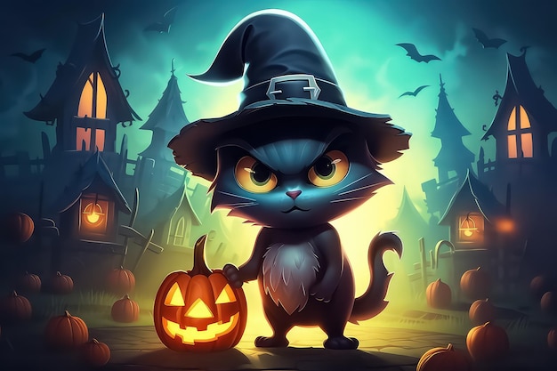 A cute black cat in a witch's hat sits near a Halloween pumpkin