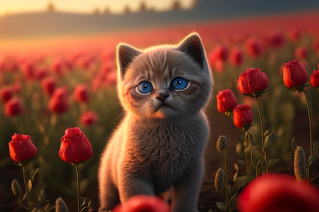 Cute black cat with blue eyes sitting in a field of red flowers and sunset in background