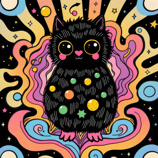 Photo cute black cat with colorful psychedelic background