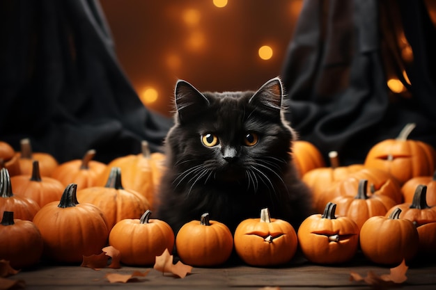 Cute black cat with orange eyes and pumpkins on dark background Halloween ilustration